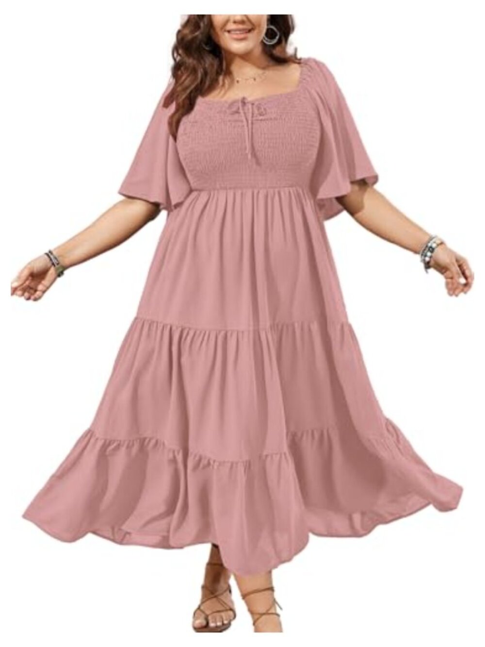 Plus Size Flowy Maxi Dress Ruffle Short Sleeve Square Neck Smocked Boho Formal